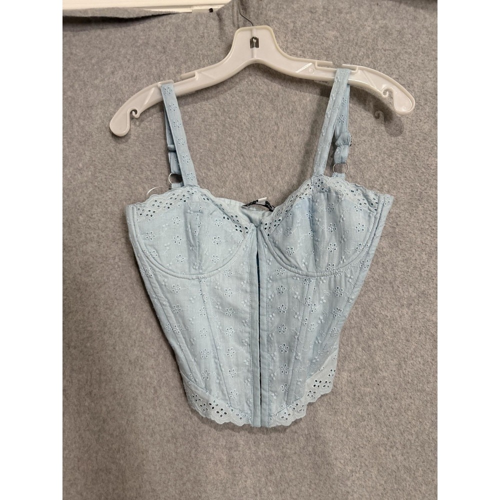 Pretty Garbage Corset Top Womens S Blue Eyelet Lace Boned Zip Bustier Crop
